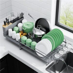 Large extendable dish drying rack with drainboard cutlery holder kitchen counter
